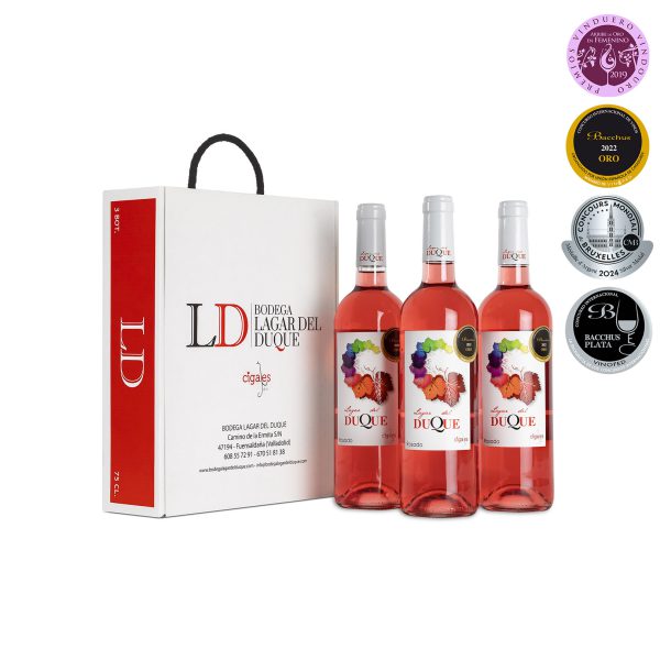 Estuche con 3 botellas y cajas de vino rosado de la D.O. Cigales de la Bodega Lagar del Duque premiado por Vinduero-Vindouro 2019 con un Arribe de Oro "en femenino", Bacchus Oro 2022, Plata en el Concurso Mundial de Bruselas 2024 y Plata en el Concurso Internacional de Vinos Bacchus 2024.